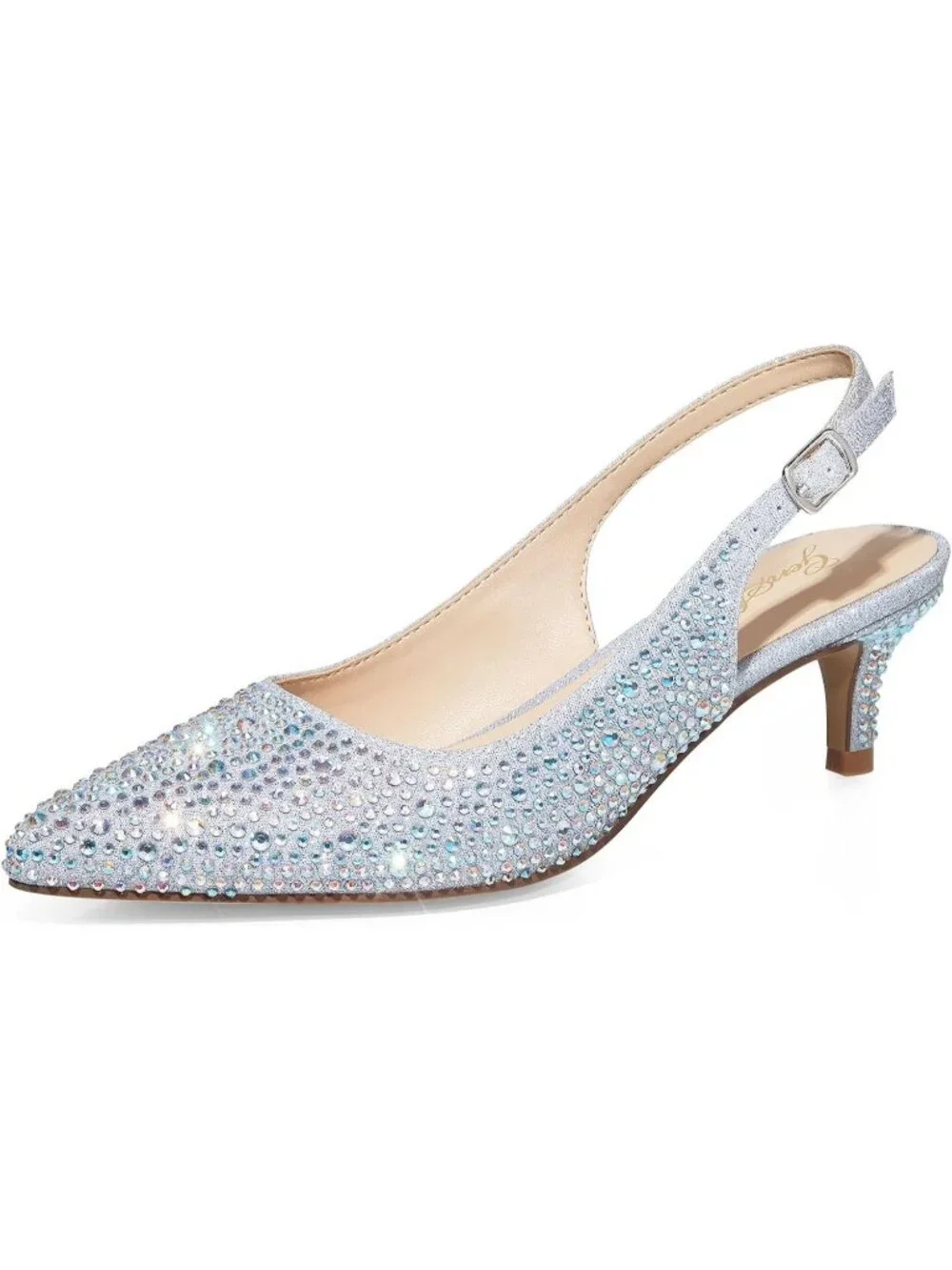 Womens Silver Rhinestone Slingback Pump Closed Toe Elegant Low Kitten Heel Shoes